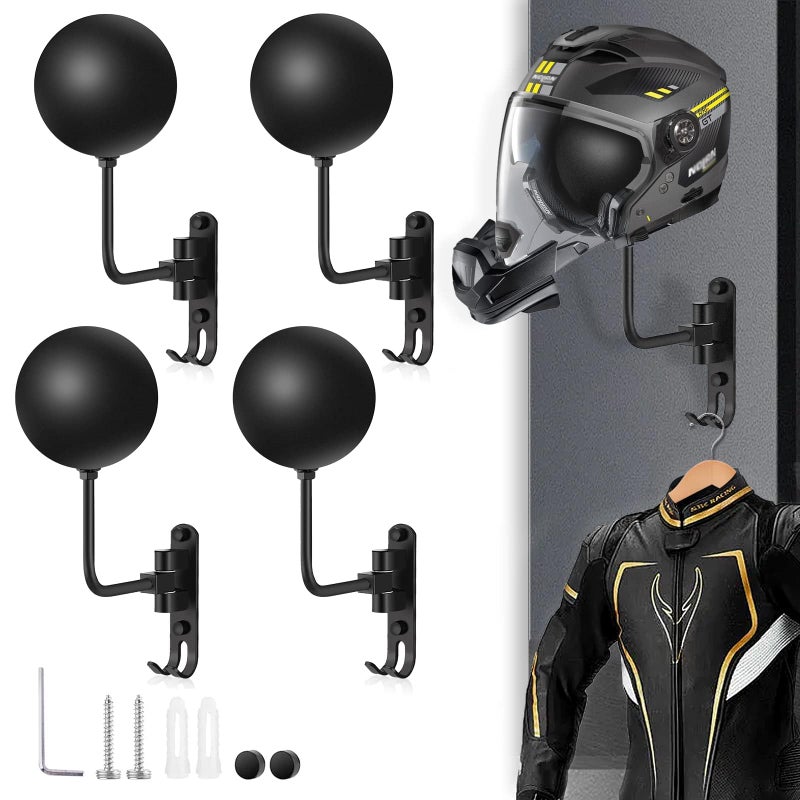Kikerike Motorcycle Helmet Rack Wall Mount 180 Degree Rotation Metal Bike Helmet Holder Mount Bicycle Helmet Display Hanger Stand with 2 Hooks for Motorcycle Bike Baseball Rugby Helmet - Black  4 Pcs - Image 1
